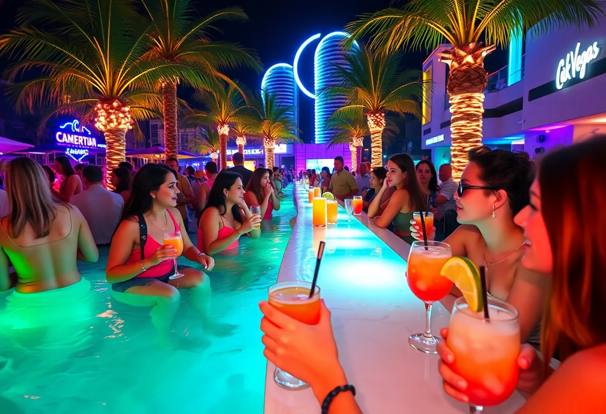 Guests enjoying cocktails at Palm Tree Beach Club in Las Vegas