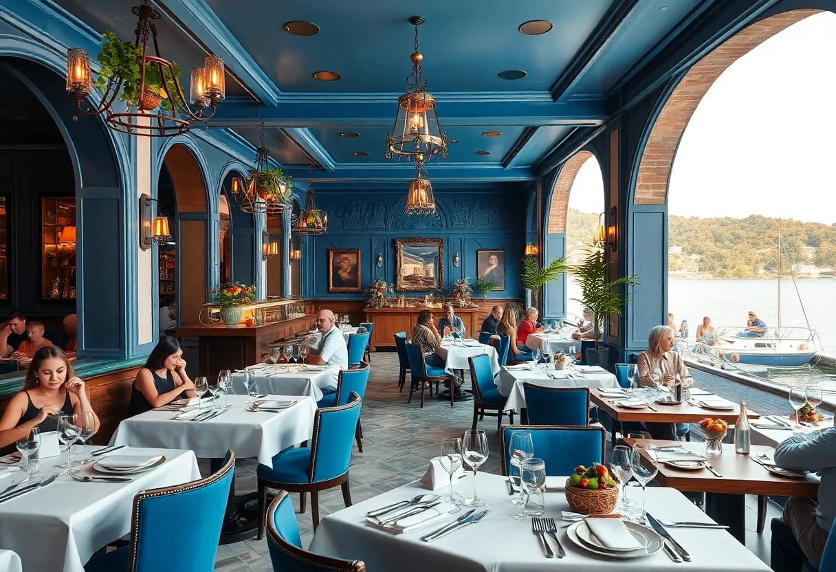 Interior view of Pisces Bar & Seafare with guests dining