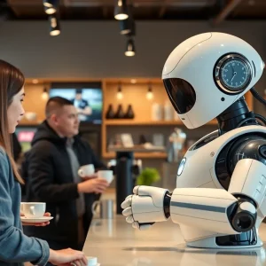 Robotic barista serving customers in an automated coffee shop