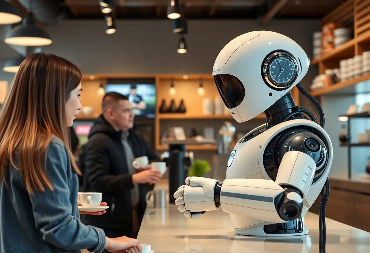 Robotic barista serving customers in an automated coffee shop