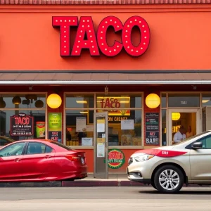 Exterior view of Roberto's Taco Shop with customers in line.