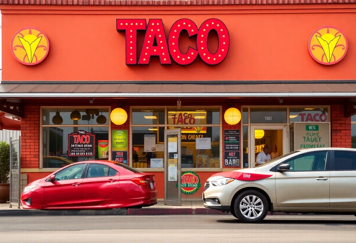 Exterior view of Roberto's Taco Shop with customers in line.