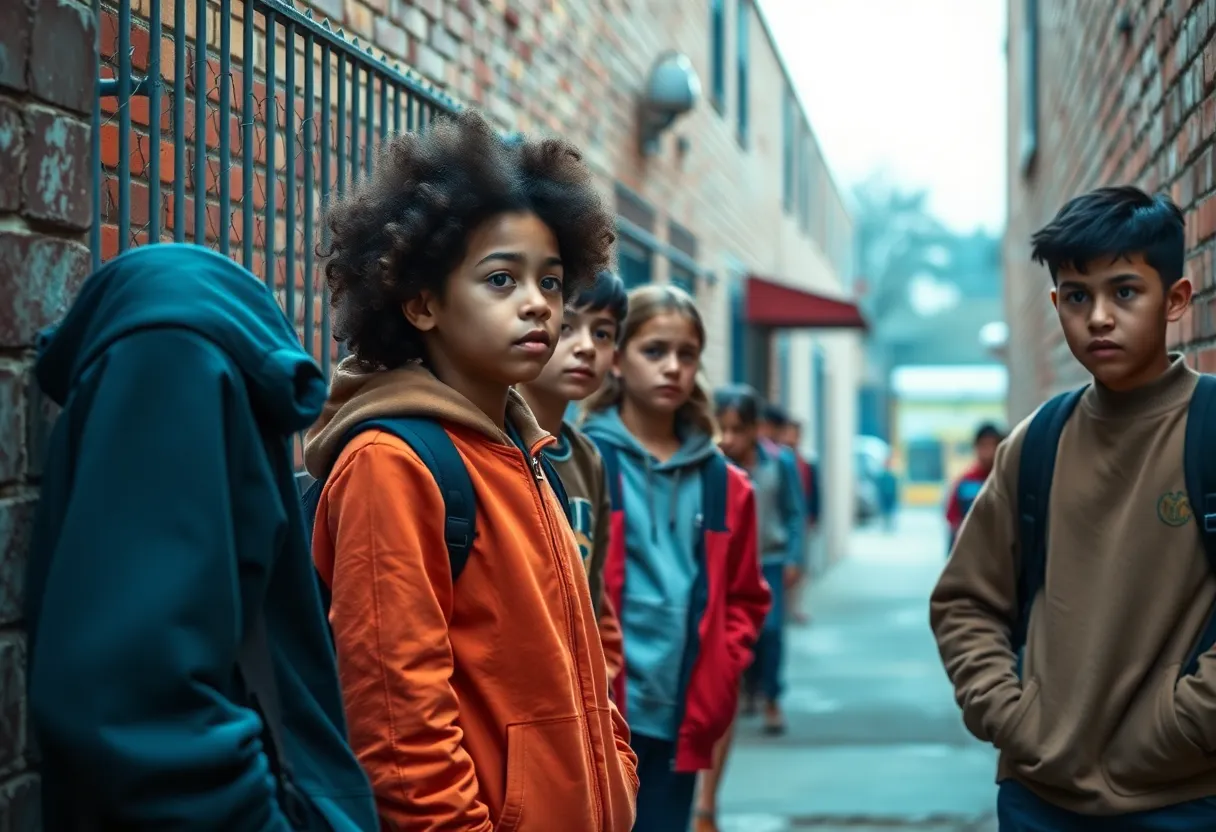 Concerned students in a school alley highlighting safety issues.