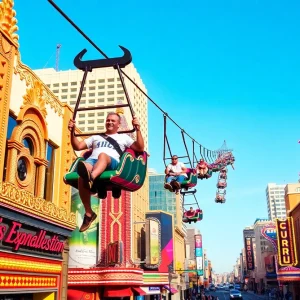Riders enjoying the SlotZilla zipline at Fremont Street in Las Vegas