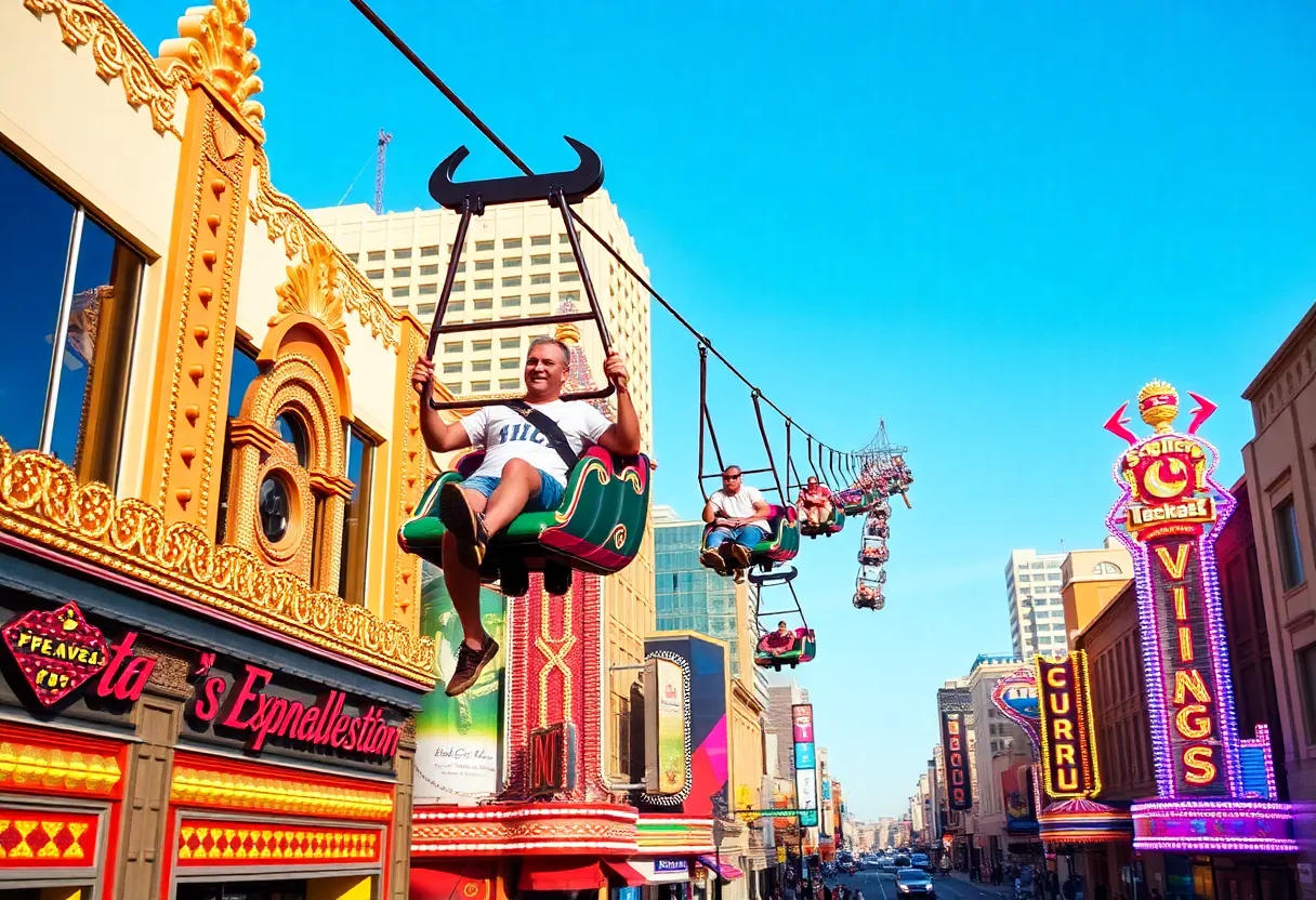 Riders enjoying the SlotZilla zipline at Fremont Street in Las Vegas