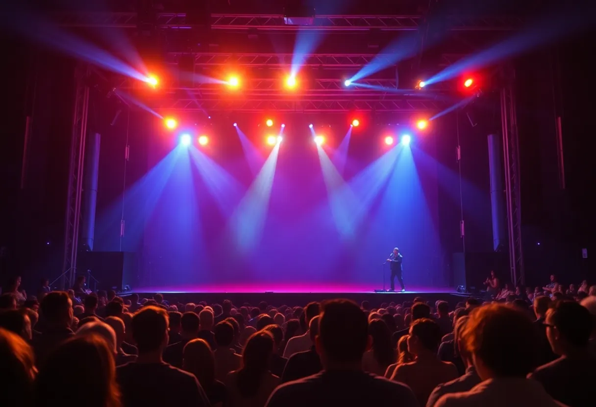 Concert stage with bright lights and an audience