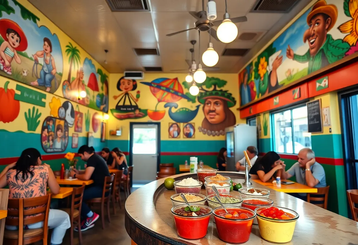 Interior view of Taco Stand with vibrant murals and salsa bar