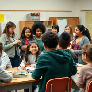 Teachers interacting with students in a vibrant classroom