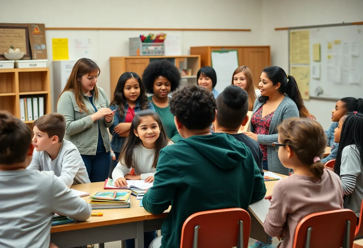 Teachers interacting with students in a vibrant classroom