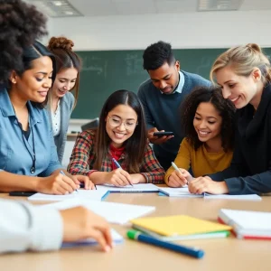 Group of teachers working together in an engaging classroom environment