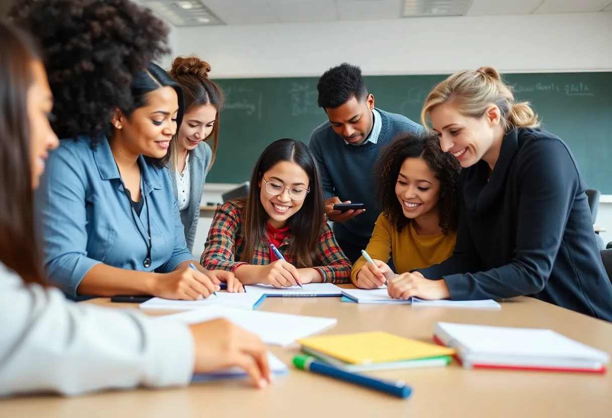Group of teachers working together in an engaging classroom environment