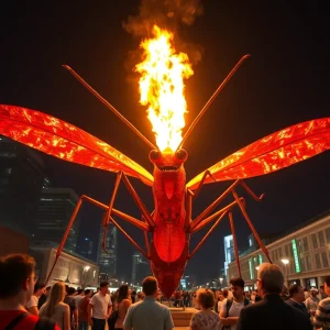 The Mantis art sculpture in Las Vegas with fire displays