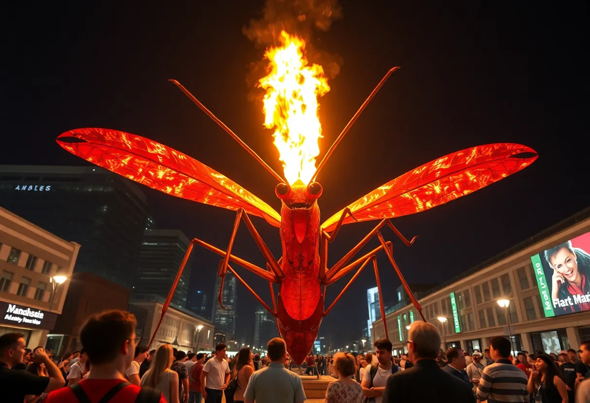 The Mantis art sculpture in Las Vegas with fire displays