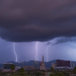 Dramatic thunderstorms over Las Vegas skyline with lightning.