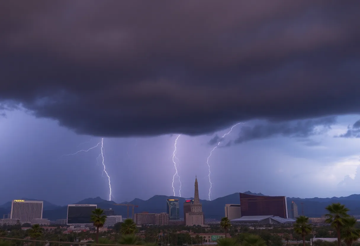 Dramatic thunderstorms over Las Vegas skyline with lightning.