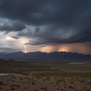 Dark clouds and thunderstorms looming over the Las Vegas Valley