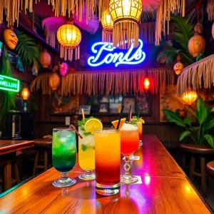 A lively tiki bar with colorful decorations and patrons enjoying cocktails