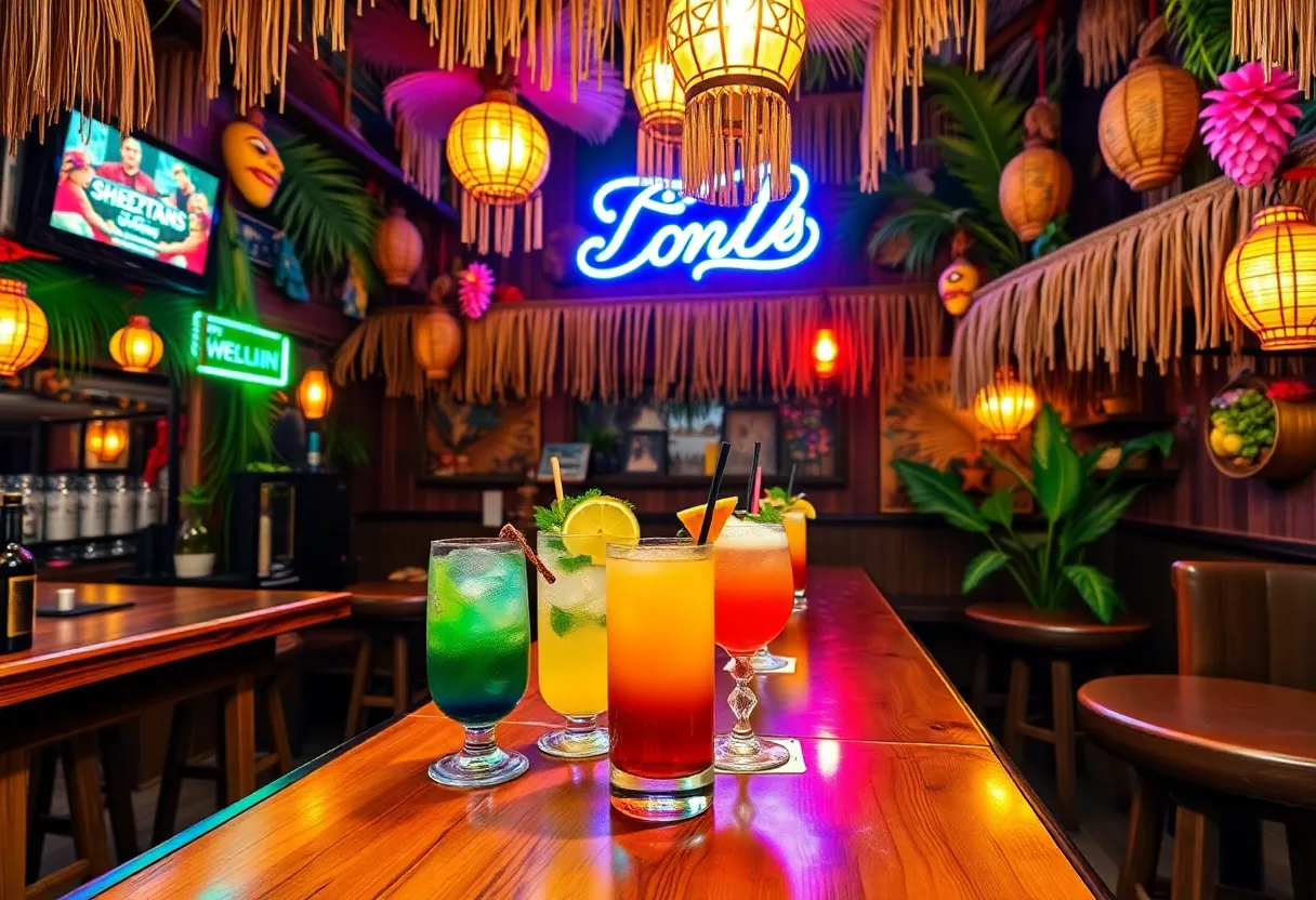 A lively tiki bar with colorful decorations and patrons enjoying cocktails