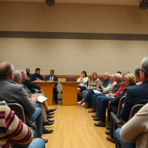 Community members engaged in a town hall meeting focusing on local economic concerns.