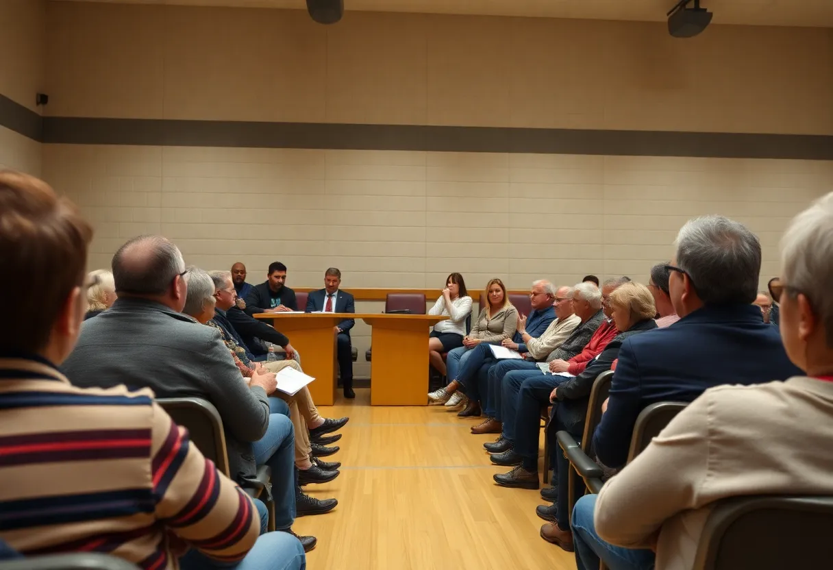 Community members engaged in a town hall meeting focusing on local economic concerns.
