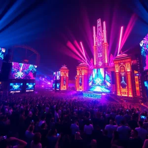 A lively crowd enjoying the Unity EDM event in Las Vegas with colorful lights and visuals.