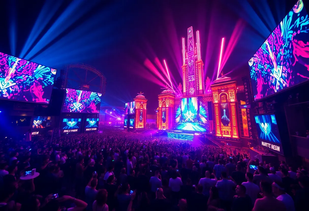 A lively crowd enjoying the Unity EDM event in Las Vegas with colorful lights and visuals.