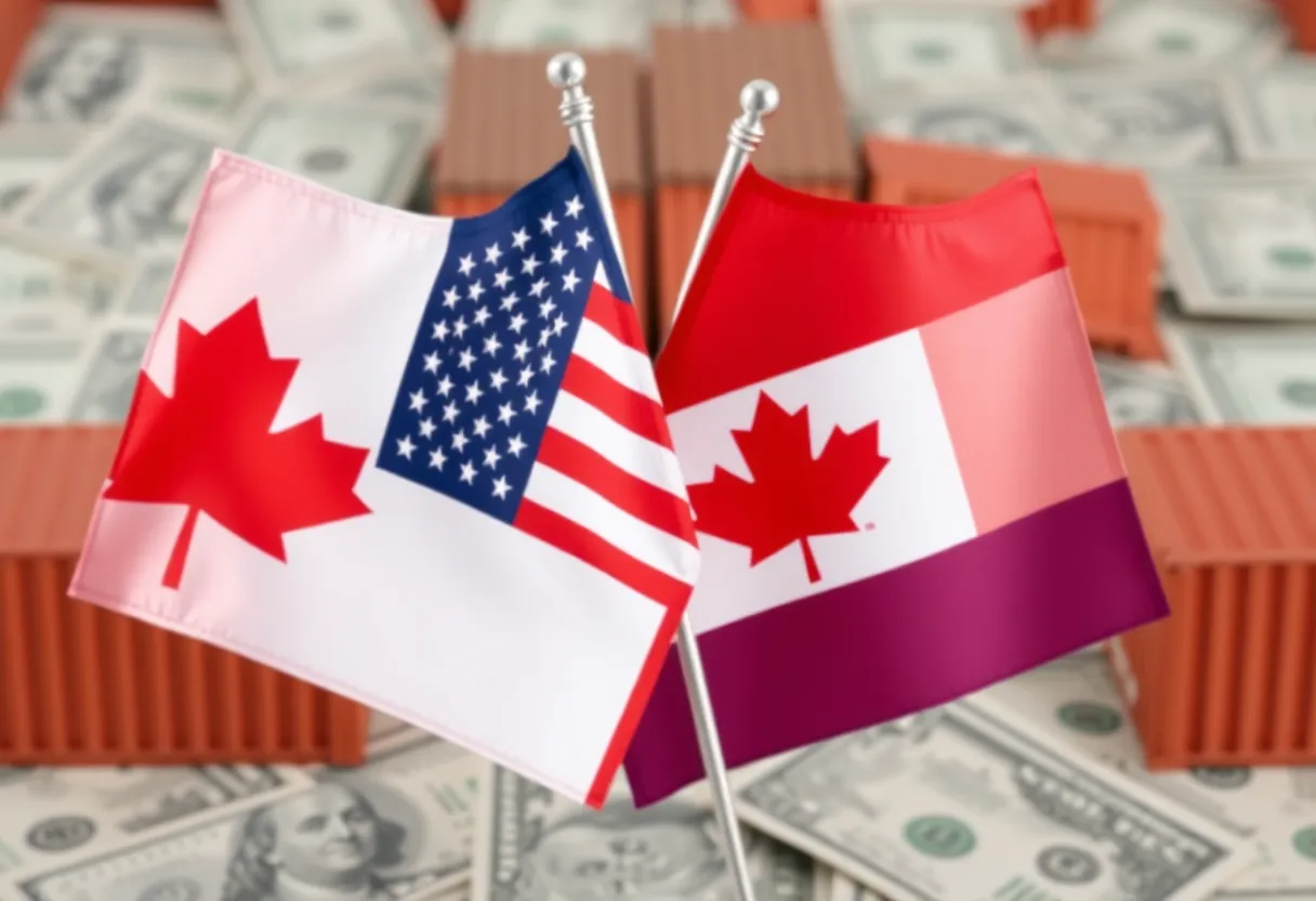 Illustration of U.S. and Canadian flags crossed with trade symbols.