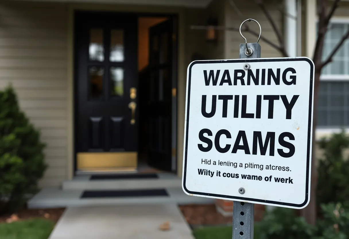 An illustration warning about utility scams in a residential area.