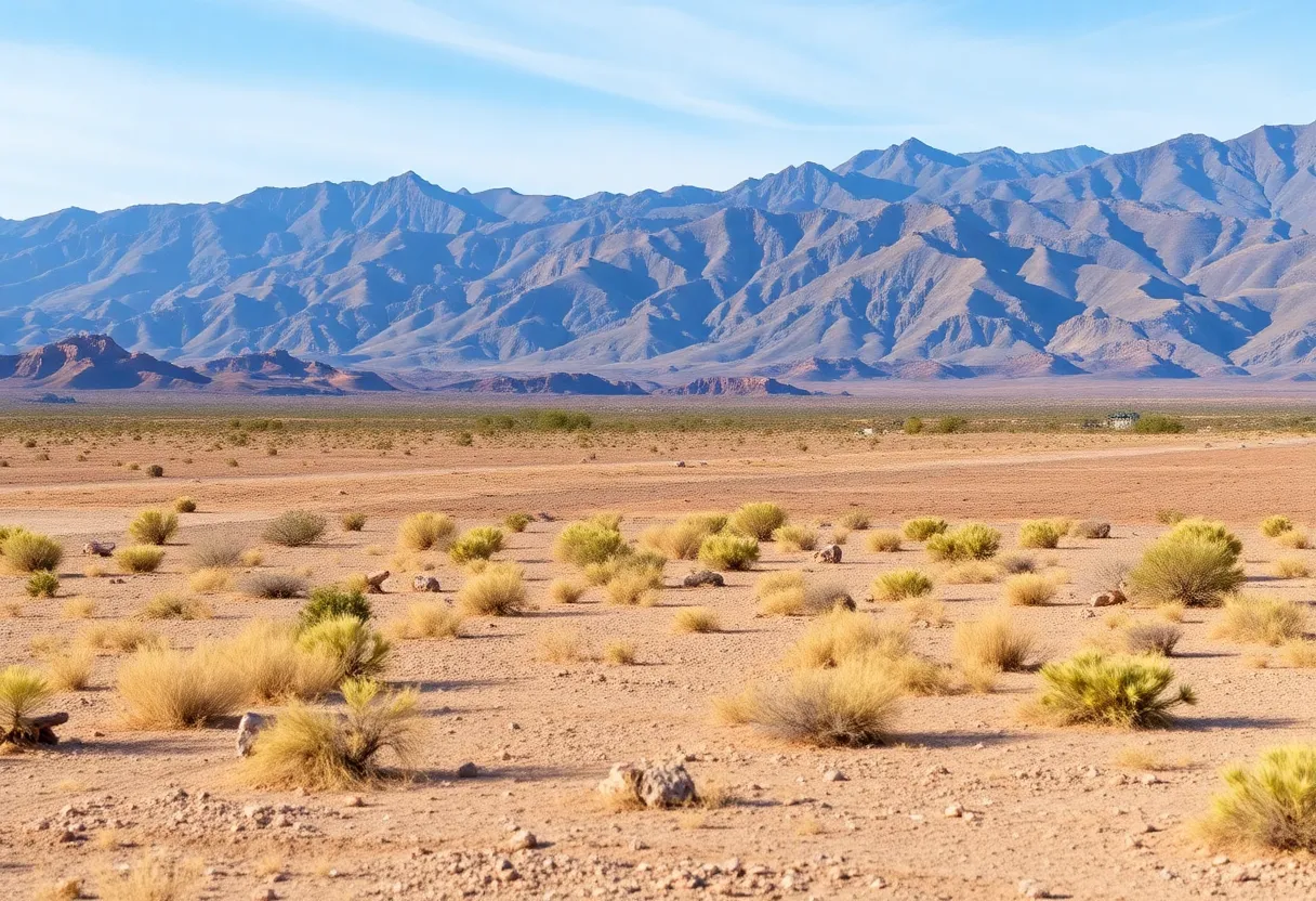 A landscape view of vacant land in Las Vegas surrounded by mountains.