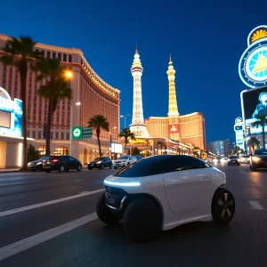 Remote-controlled electric vehicle in Las Vegas cityscape
