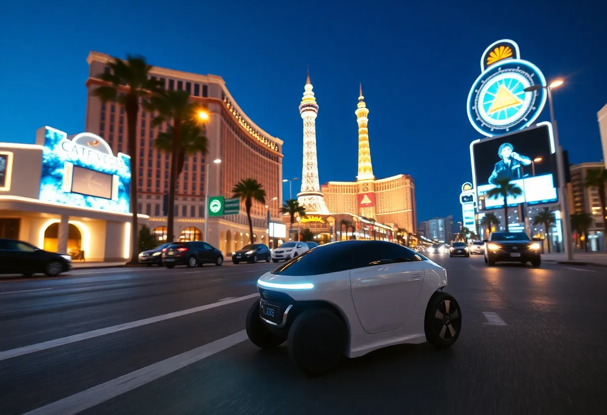 Remote-controlled electric vehicle in Las Vegas cityscape