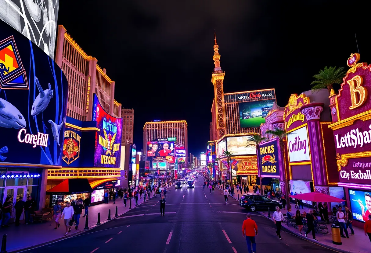 A lively atmosphere in Las Vegas featuring concerts and nightlife.