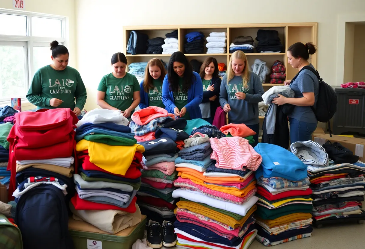 Volunteers arranging clothing donations for students