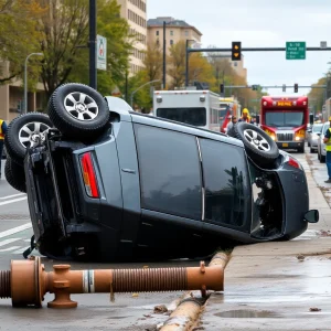 Gray SUV overturned on the street near a damaged water main in Las Vegas