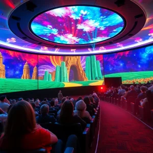 Audience enjoying the immersive 'Wizard of Oz' cinematic experience with special effects.
