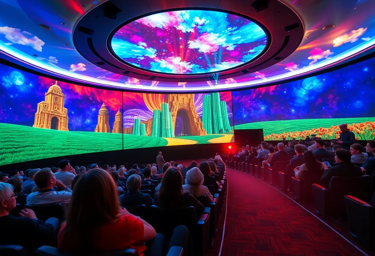 Audience enjoying the immersive 'Wizard of Oz' cinematic experience with special effects.