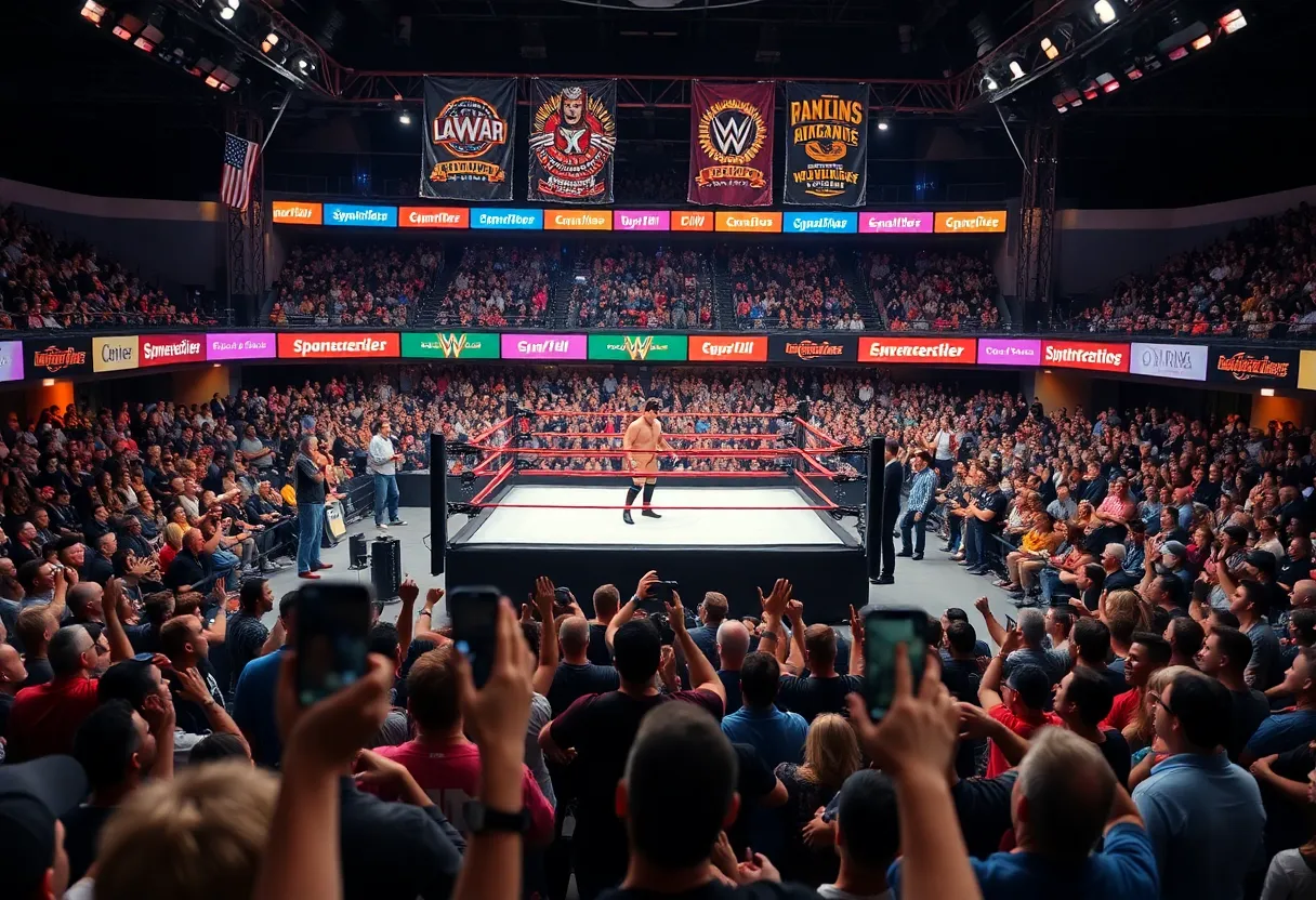 Exciting wrestling arena with fans and a wrestling ring for Worlds Collide II event.