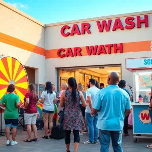 Community members enjoying the WOW Carwash anniversary celebration with live music and activities.