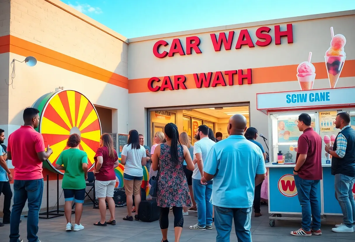 Community members enjoying the WOW Carwash anniversary celebration with live music and activities.