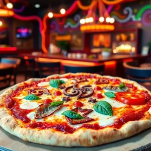 Vibrant zodiac-themed pizza with astrological symbols.