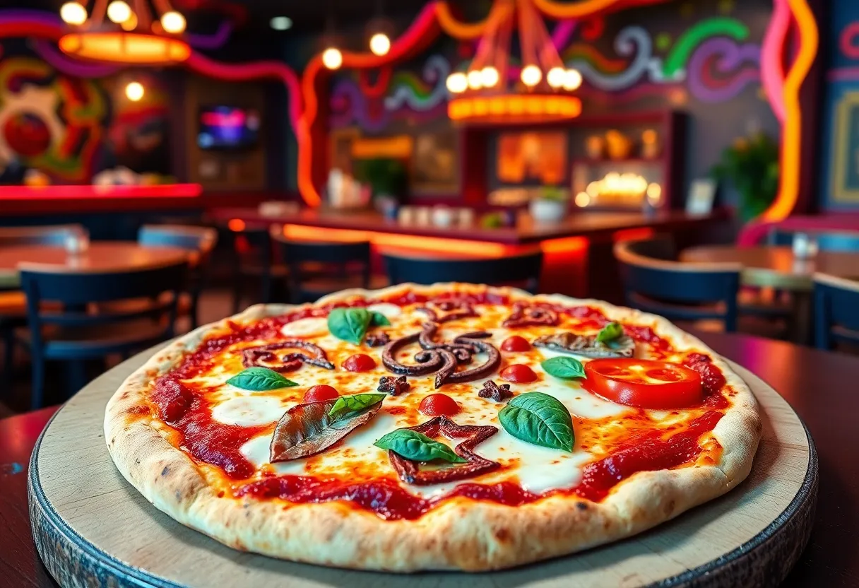 Vibrant zodiac-themed pizza with astrological symbols.