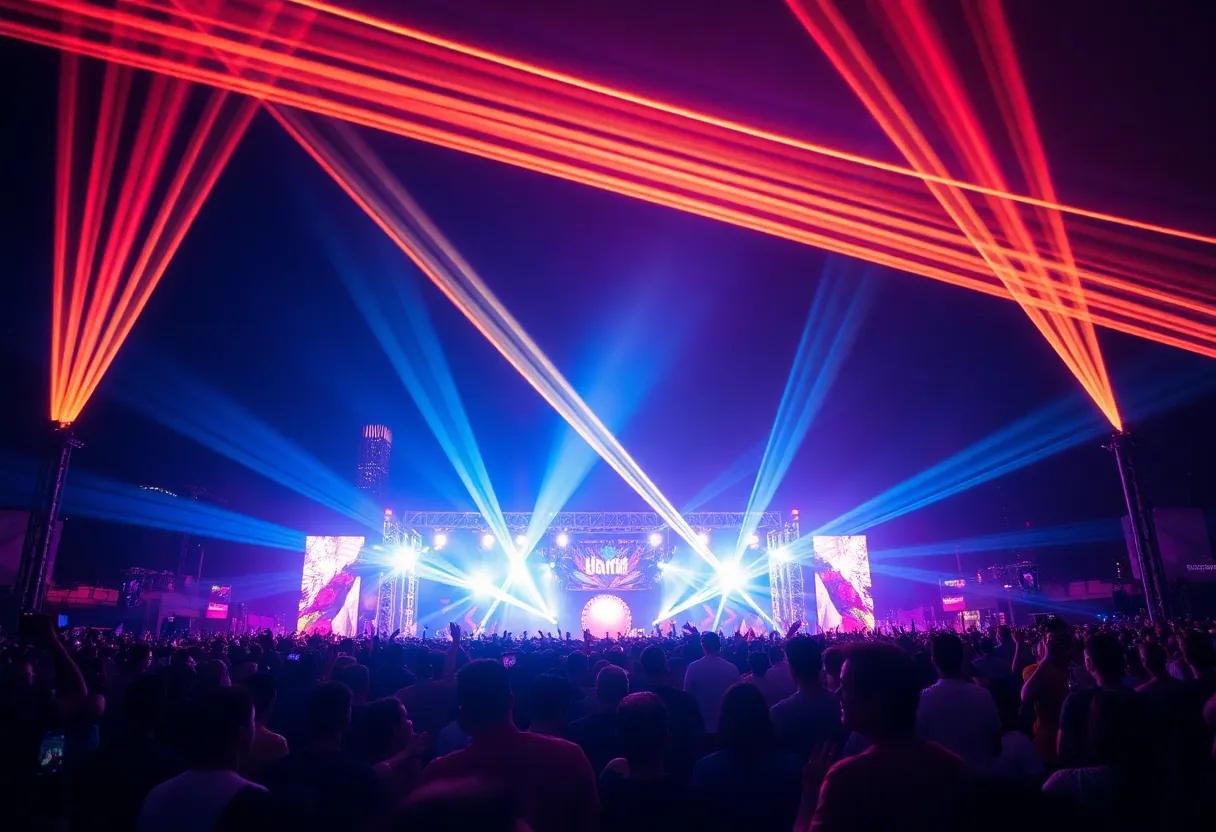 A bustling scene from the Art of the Wild festival with lasers and a lively crowd