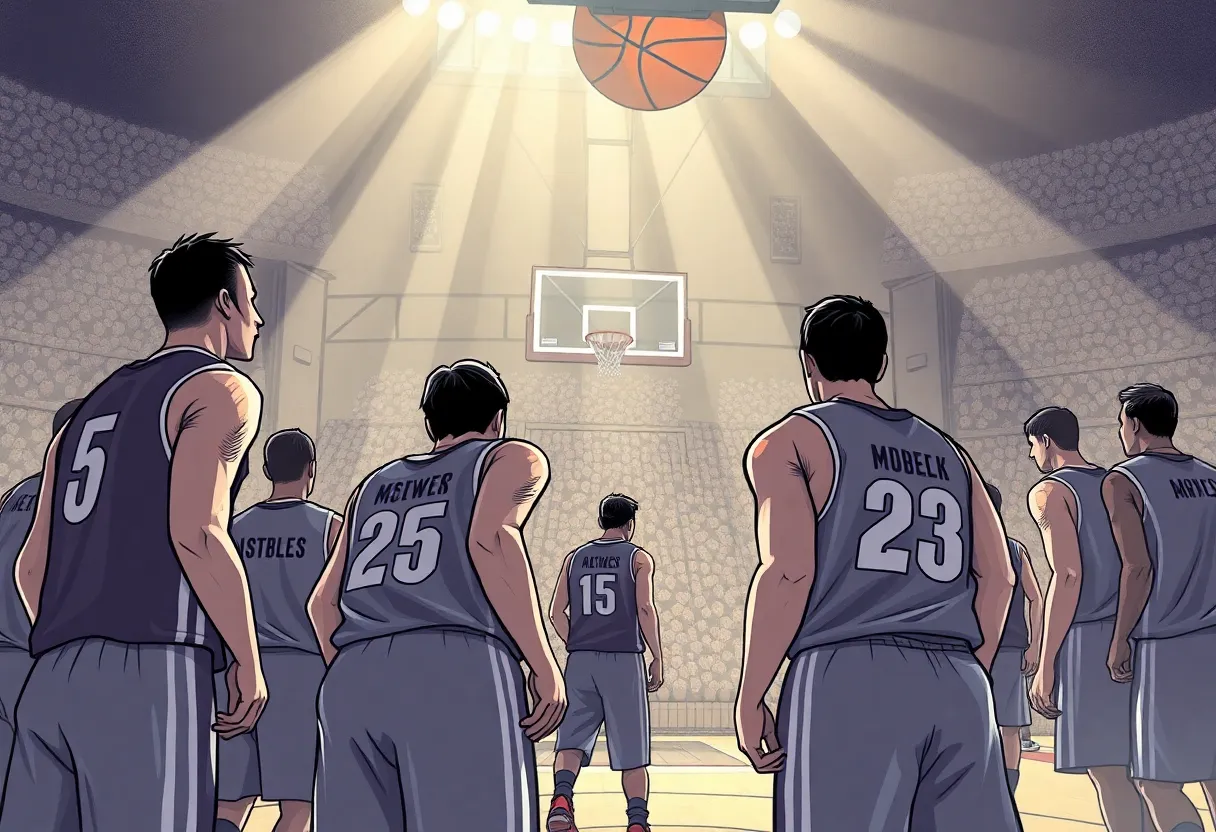Basketball team in a huddle representing teamwork
