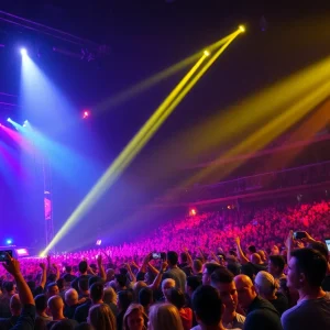 A concert scene showcasing people enjoying a live performance at the Sphere in Las Vegas.