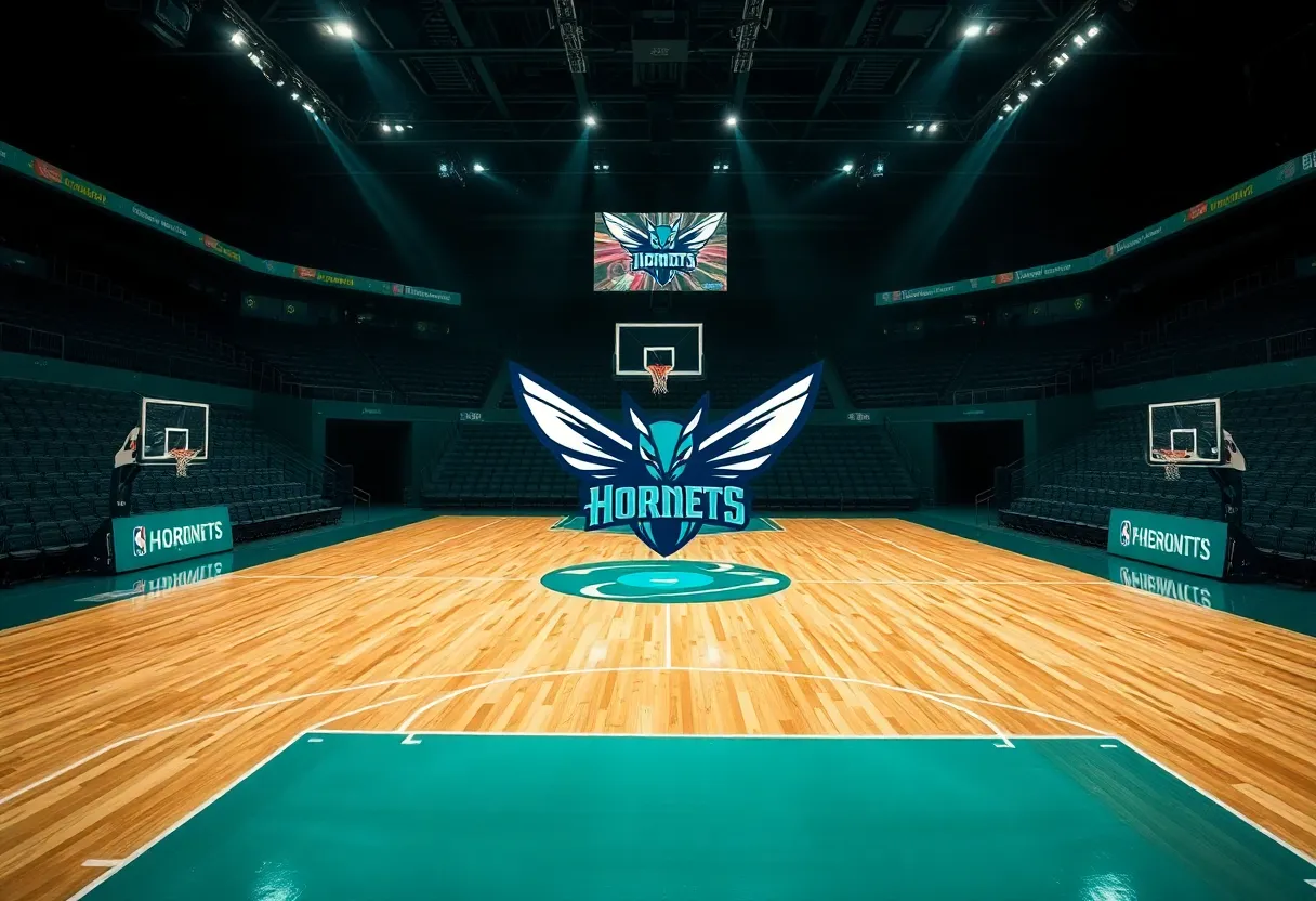 Charlotte Hornets logo on a basketball court