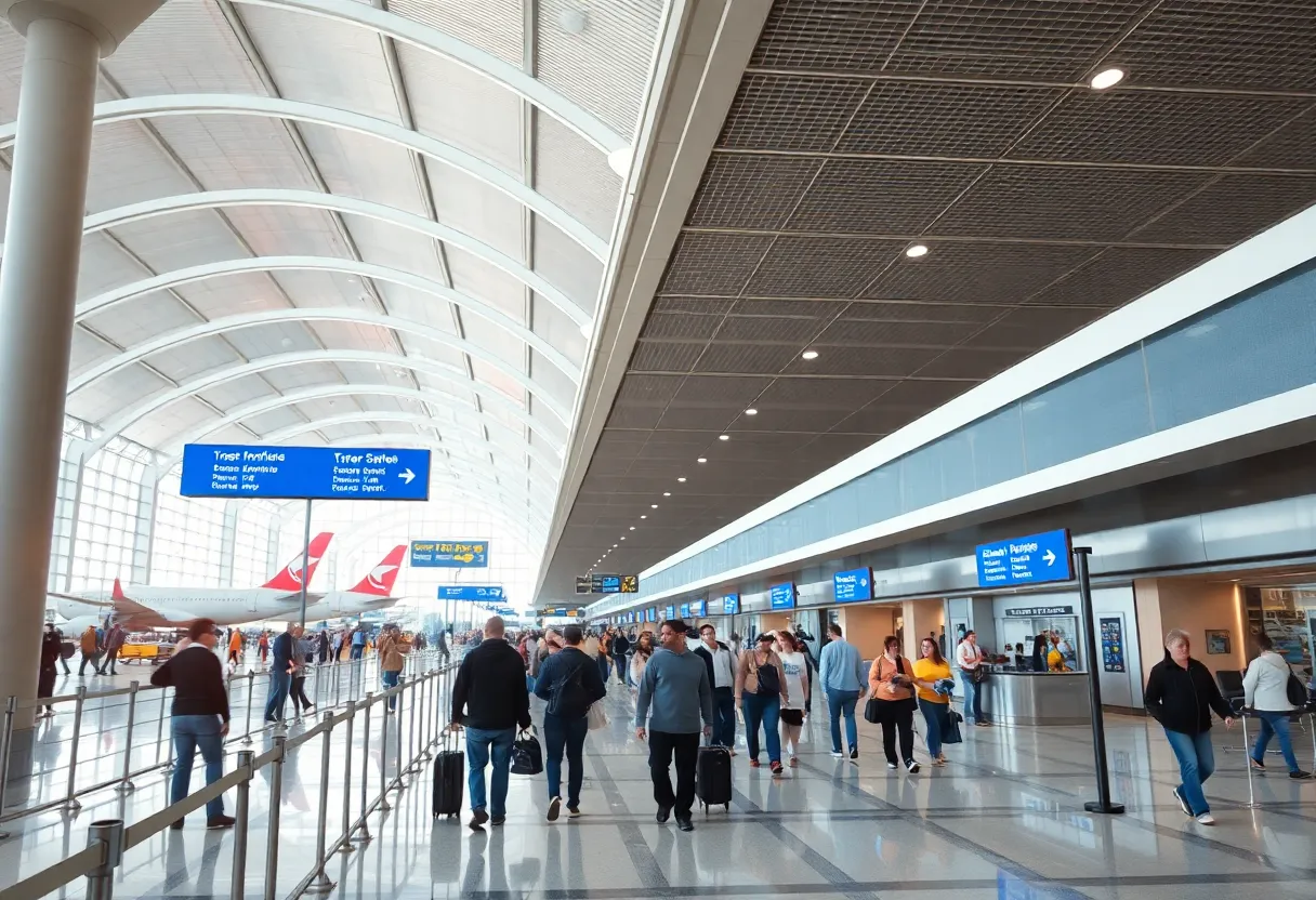 Overview of Clark County Airport with travelers and airline counters.