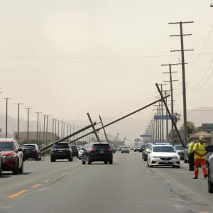 Power poles collapsed onto cars in Las Vegas due to strong winds.