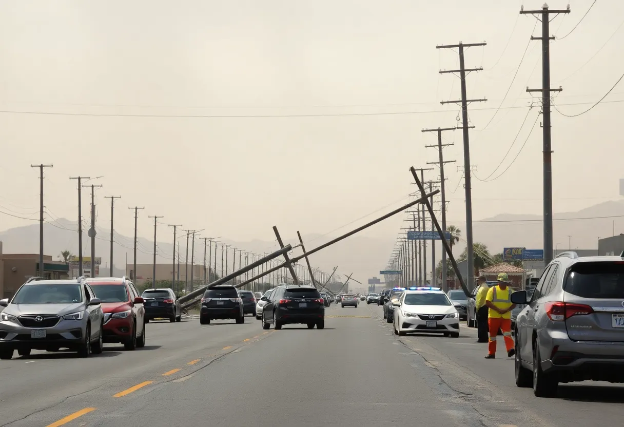 Power poles collapsed onto cars in Las Vegas due to strong winds.