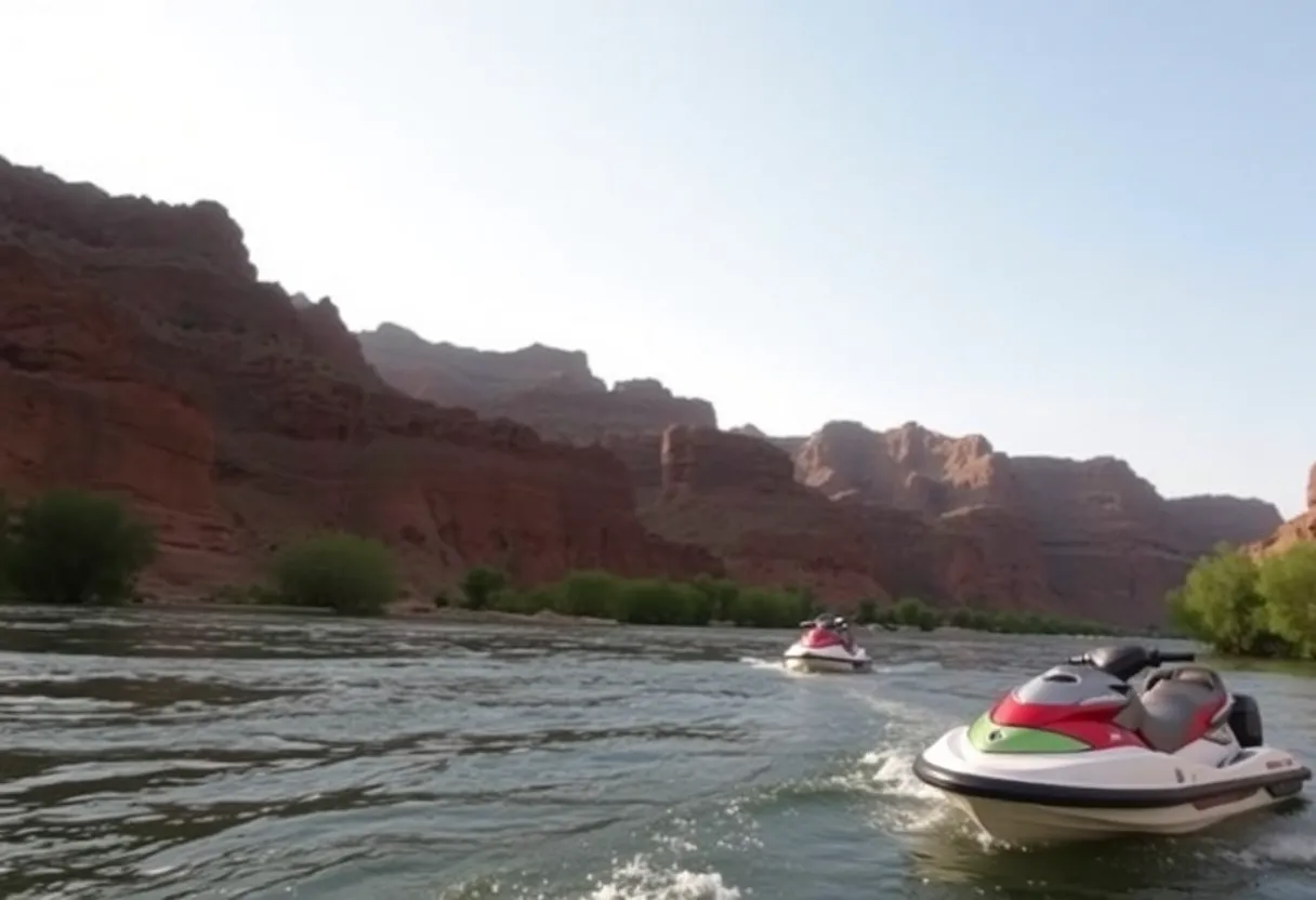 Personal watercraft on the Colorado River with safety signs nearby