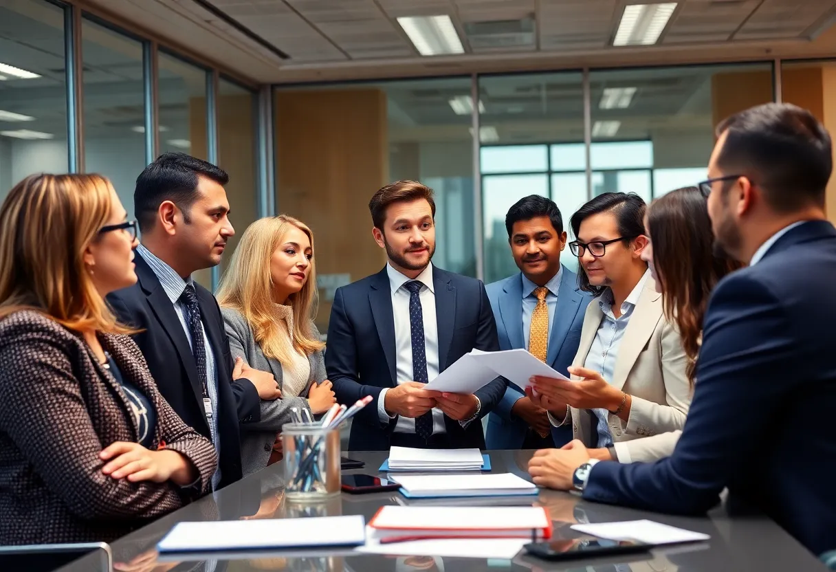 Professionals discussing ramifications of social media posts in office environment